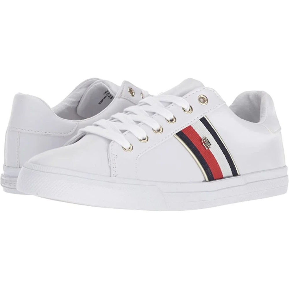 Tommy Hilfiger Lenka White Leather Court Sneakers Striped Red Blue Ribbon Logo